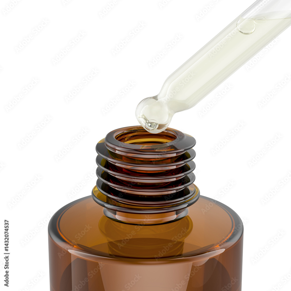 Droplet bottle with serum, closeup. 3D rendering isolated on transparent background