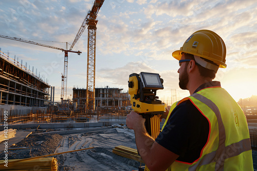 surveyor operating advanced 3D scanner on construction site with partially completed foundation.
