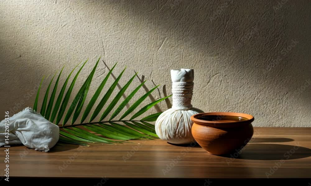 Spa setup with herbal compress, palm leaf, cloth, and clay pot on wooden surface