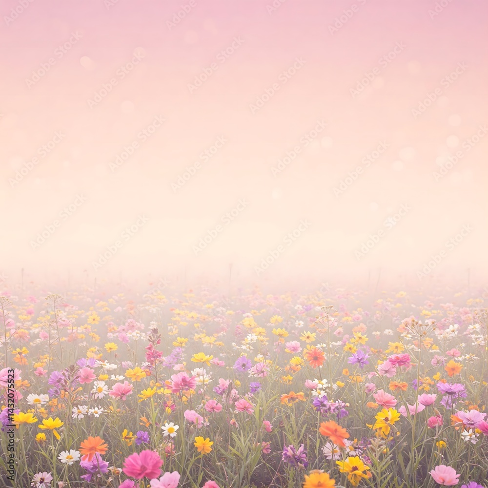 Dreamy Wildflower Field with Pastel Pink Sky Dreamy Wildflower Field with Pastel Pink Sky