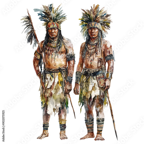 illustration of Tribal Warriors In Ceremonial Dress, watercolor vector, isolated on a white background.