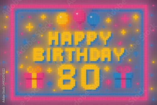 Obraz na płótnie 8-bit pixel art happy 80th birthday greeting card celebrating eighty years with gifts and balloons w salonie