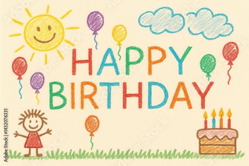 Obraz na płótnie Child drawing happy birthday greeting card with colorful balloons, cake, sun and clouds w salonie
