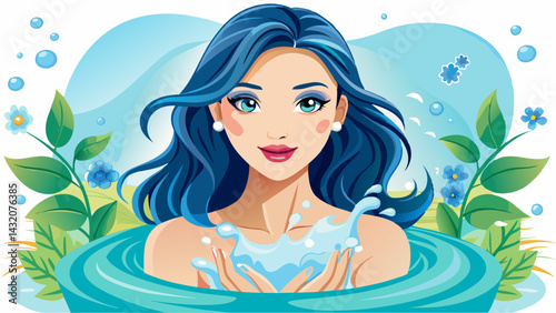A beautiful Portrait woman with clear and fresh skin, washing her face with water on a white background