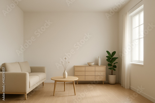 Minimalist living room interior with neutral tones, wooden furniture, sofa, and natural light – Scandinavian style modern home decor
