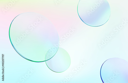 3d product display background. Glass cosmetic display podium,cosmetic ads, round shape fly. Transparent gradient lens,disk on blur backdrop. Vector mouckup illustration
