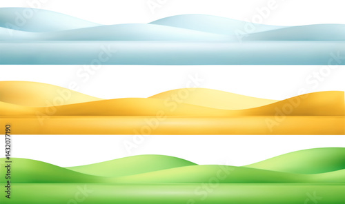 3d hill grass, snow, desert background. Green cartoon park, field, land, meadow, dune mountain, snowdrift. Vector element for kid scene, illustration, banner. Childish minimal landscape