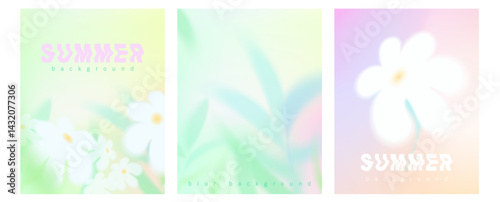 Summer or spring flower blur background. Gradation green yellow color backdrop, abstract white flowers and leaves. Floral soft color cover. Chamomile bg. Soft gradient mesh illustration