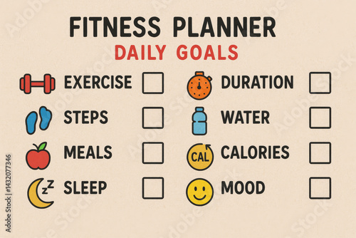 Fitness planner daily goals checklist with icons for exercise, water, calories, sleep, and mood – healthy lifestyle and wellness tracker