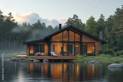 Modern Lakeside Retreat with Warm Interior and Forest Backdrop