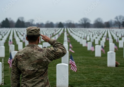 A soldier stands and salutes at a military cemetery, honoring fallen veterans.