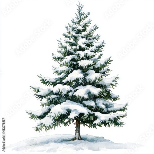 A snow covered evergreen tree standing in a snowy landscape