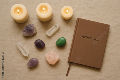 Meditation journal with healing crystals and candles on soft fabric – spiritual self care, mindfulness, and calming energy flat lay