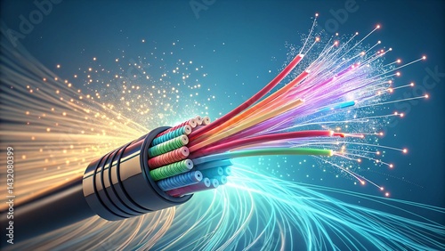 A close up of a fiber optic cable with colorful strands and glowing light on a blue background created with generated ai