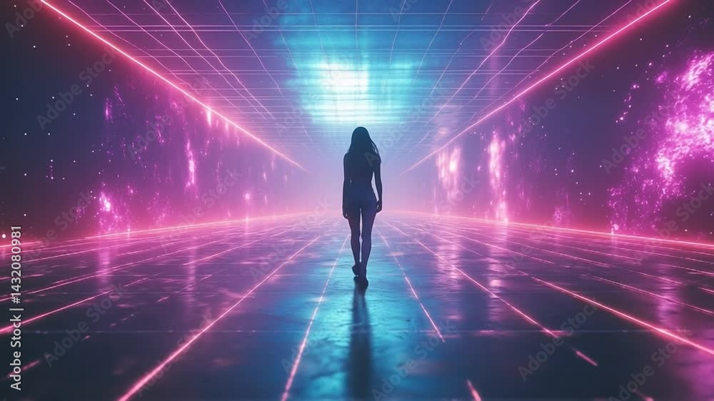 A silhouetted figure walking through a futuristic neon-lit corridor with cosmic elements in the background A silhouetted figure walking through a futuristic neon-lit corridor with cosmic elements in the background