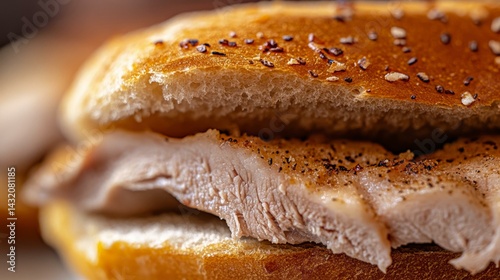  Close-up of a delicious Portuguese bifana sandwich with marinated pork on a seeded bun, perfect for breakfast photo