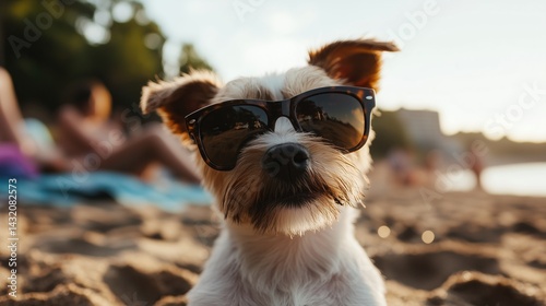 A small dog wearing sunglasses on the beach
