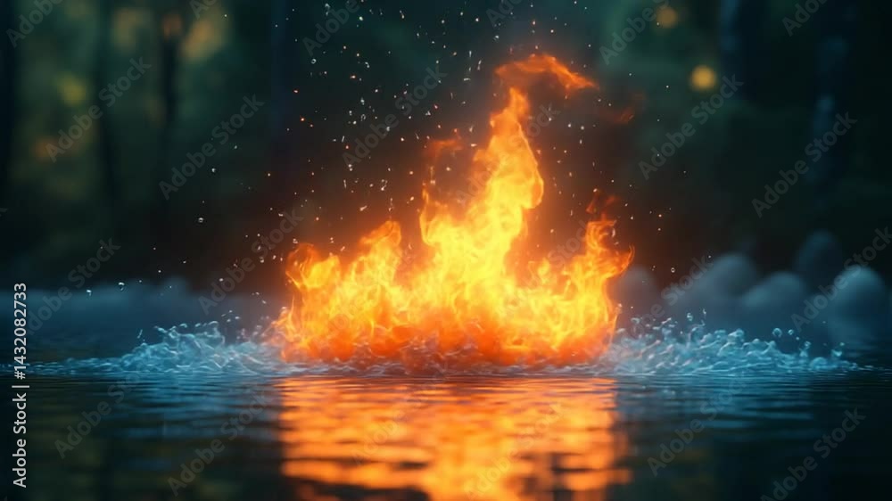A vibrant flame rising from a serene lake, surrounded by lush forest and soft evening light A vibrant flame rising from a serene lake, surrounded by lush forest and soft evening light