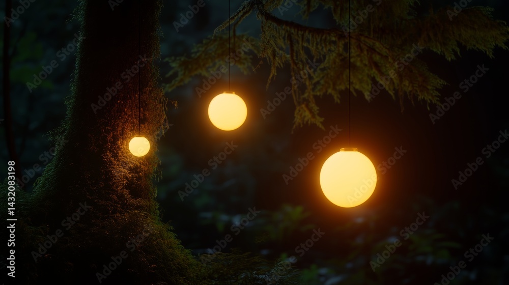 Fototapeta premium Glowing orbs hang from moss-covered trees
