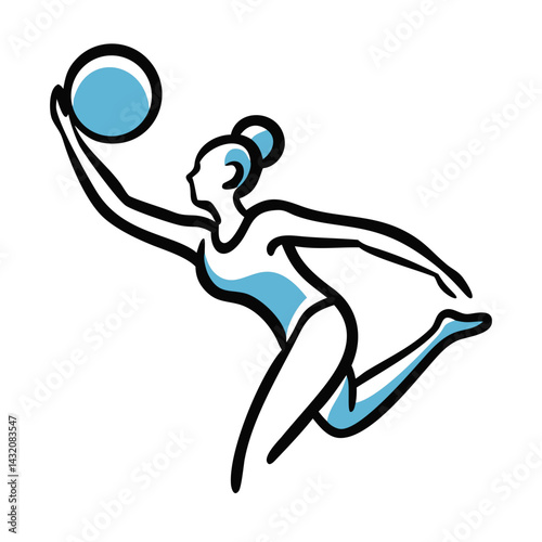 Gymnast woman in motion with ball on a simple white background for sports illustration