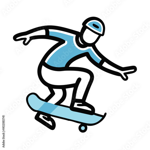 Skateboarder performing a trick on a skateboard in mid-air on a simple white background for sports illustration