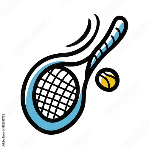 Tennis racket and ball in action on a simple white background for sports illustration