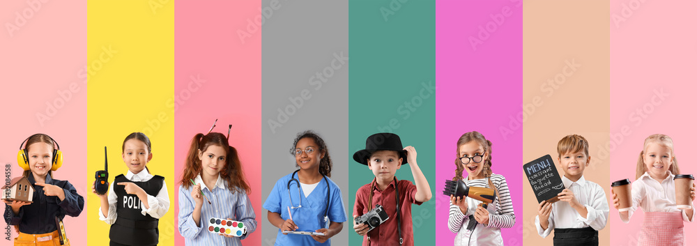 Collage of different children dreaming about their future professions on color background