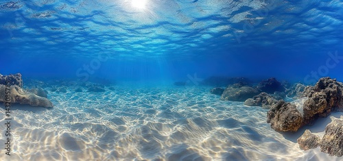 Underwater Serenity: Sunlit Ocean Floor Panorama