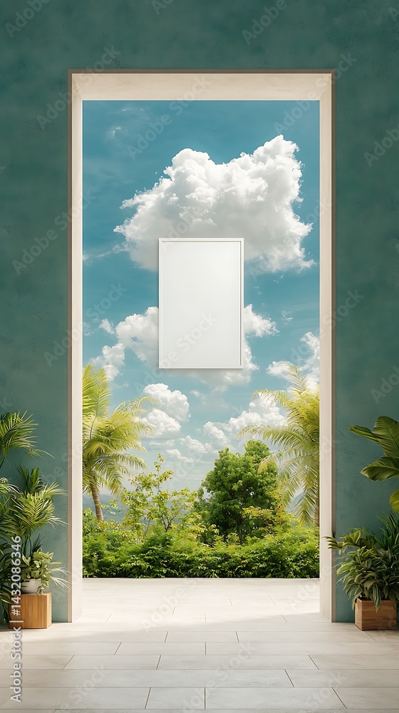 Fototapeta premium Portal framing idyllic tropical scene. Framed sky art, plants, open doorway, sunny day