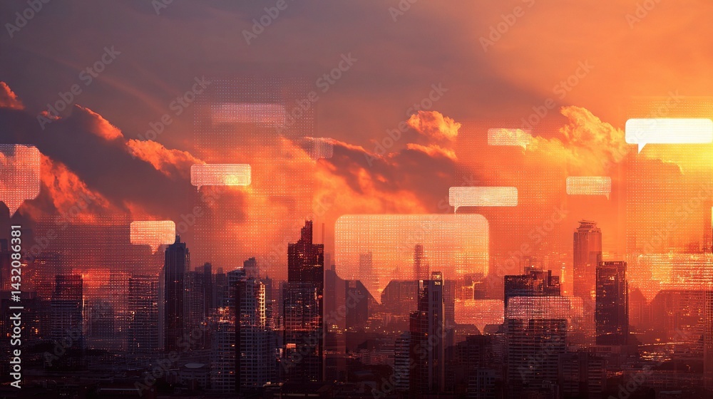 Fototapeta premium Double Exposure Mobile Chat Bubbles Over City Skyline at Sunset