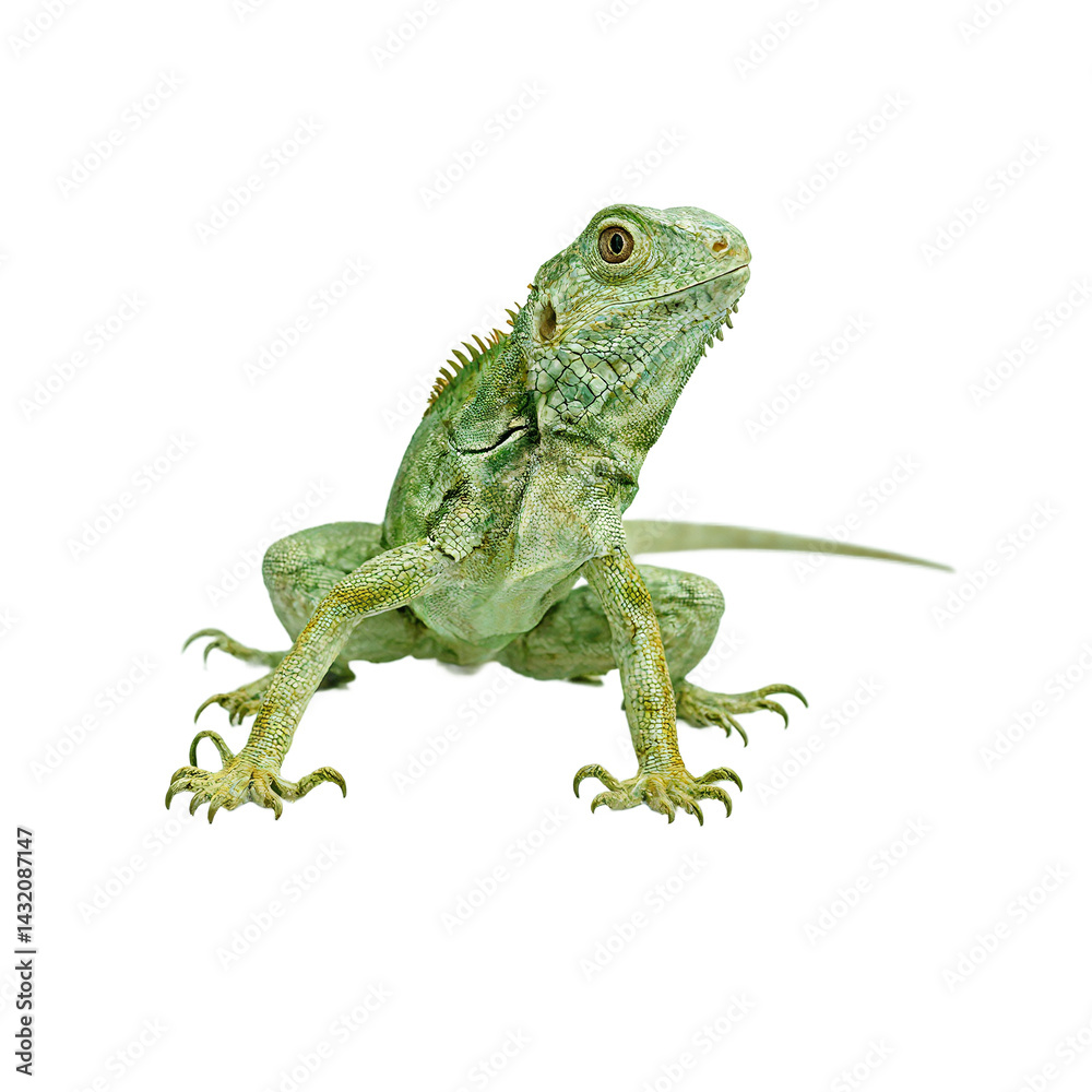 Fototapeta premium Curious green iguana isolated on white background