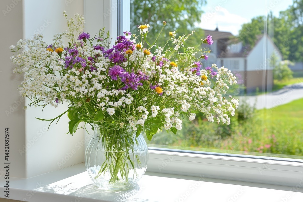 Fototapeta premium Wildflower bouquet in vase by window