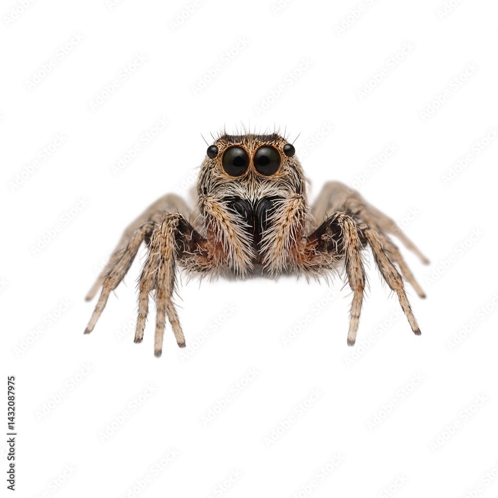 Fototapeta premium Isolated tiny jumping spider looking up on white background