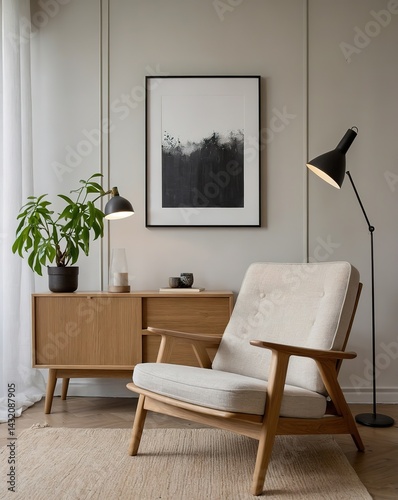 Scandinavian-style minimalist living room, small oak wood cabinet, single beige armchair, floating wooden shelf with books and a plant, white wall with abstract framed art, natural daylight, cozy and 