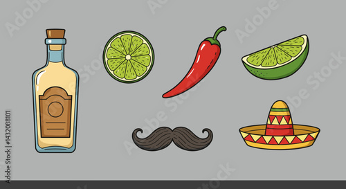Mexican-themed icons featuring tequila, lime, chili, sombrero  
