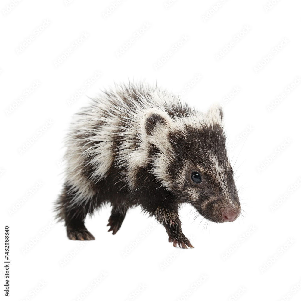 Isolated small striped skunk walking slowly Isolated small striped skunk walking slowly