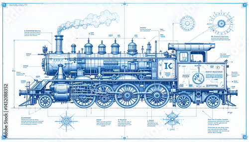 Side view of a steam locomotive design, complete with detailed mechanical diagrams.
