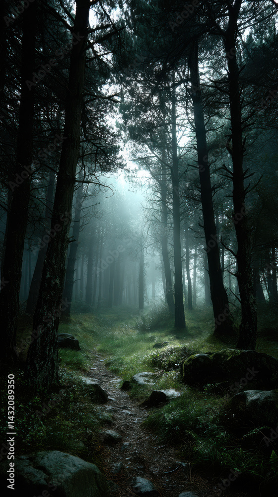 Fototapeta premium A serene forest path winds through tall, slender trees under a misty sky, where dd light filters through the canopy creating an ethereal, dreamlike ambience.