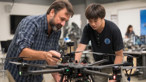Educator and student working on drone