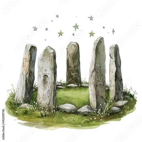 Stone Circle Aligned With Stars, watercolor vector, isolated on a white background.