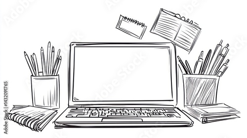 Laptop, stationery, desk, sketch, work, organization, productivity, background