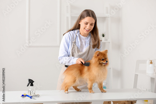 Female groomer brushing cut...