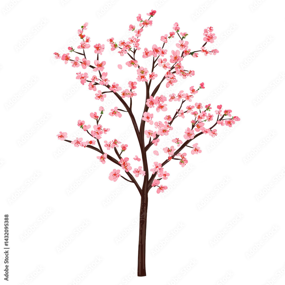 Fototapeta premium beautiful cherry blossom tree with delicate pink flowers full bloom, showcasing elegance and tranquility of nature. branches are adorned with vibrant blossoms, creating serene and picturesque