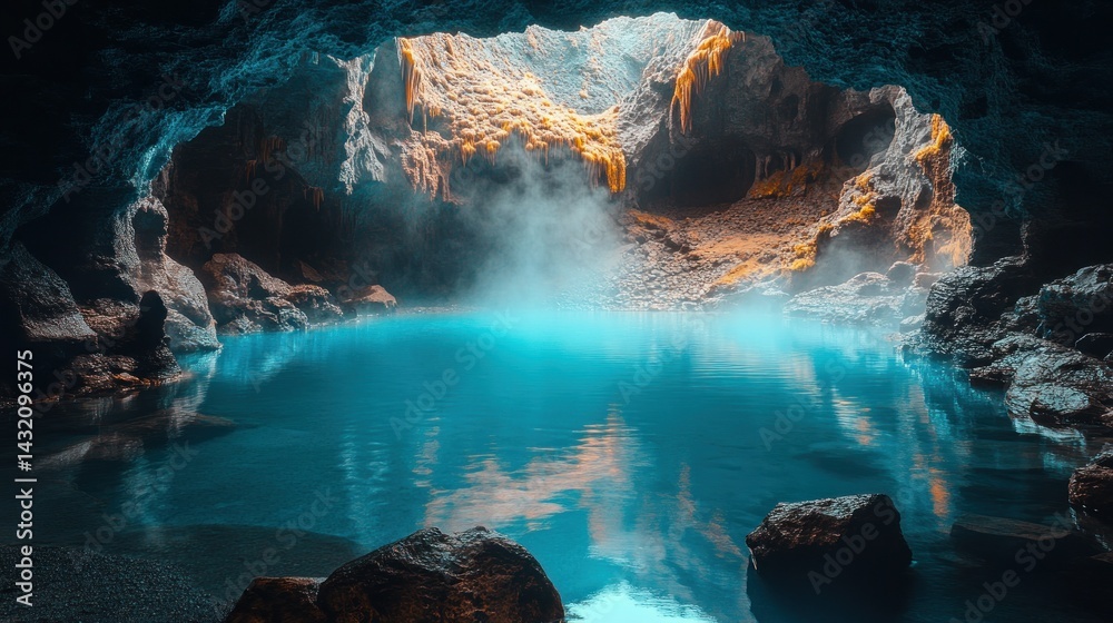 Fototapeta premium Azure cave pool, steamy