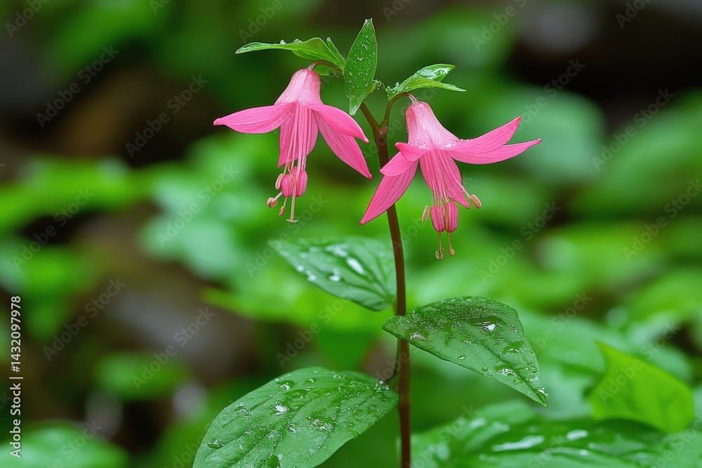 Fototapeta premium Two vibrant pink flowers with delicate structure, positioned against a background of lush greenery.