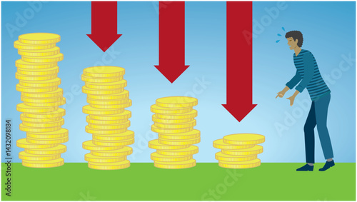 Man in fear for economic crisis. Value of money and investment are going down and down. Dimension 16:9. Vector illustration.