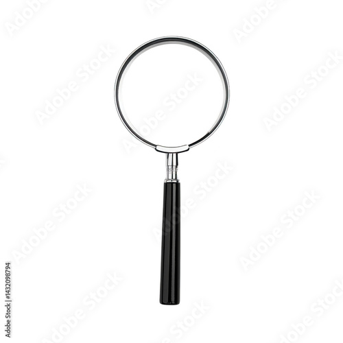 magnifying glass with black handle and silver frame is isolated on transparency background, emphasizing its simplicity and functionality