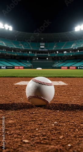 A baseball sits on the pitcher's mound in stadium. The focus is on the ball, with the stadium and sky blurred in the background, creating a dynamic image for sports