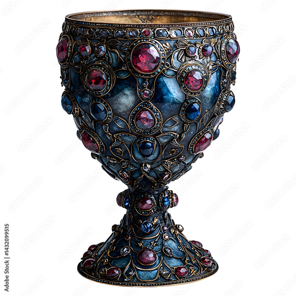 Obraz premium Silver-encrusted chalice, inlaid with sapphires and rubies, used in royal ceremonies, isolated on white background.