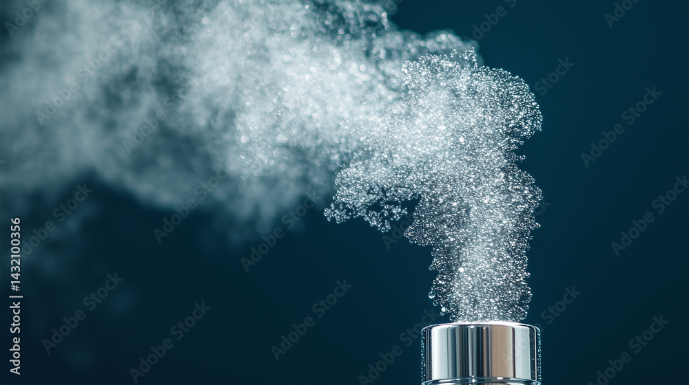 Macro shot of a perfume mist cloud frozen mid-air above a delicate bottle.